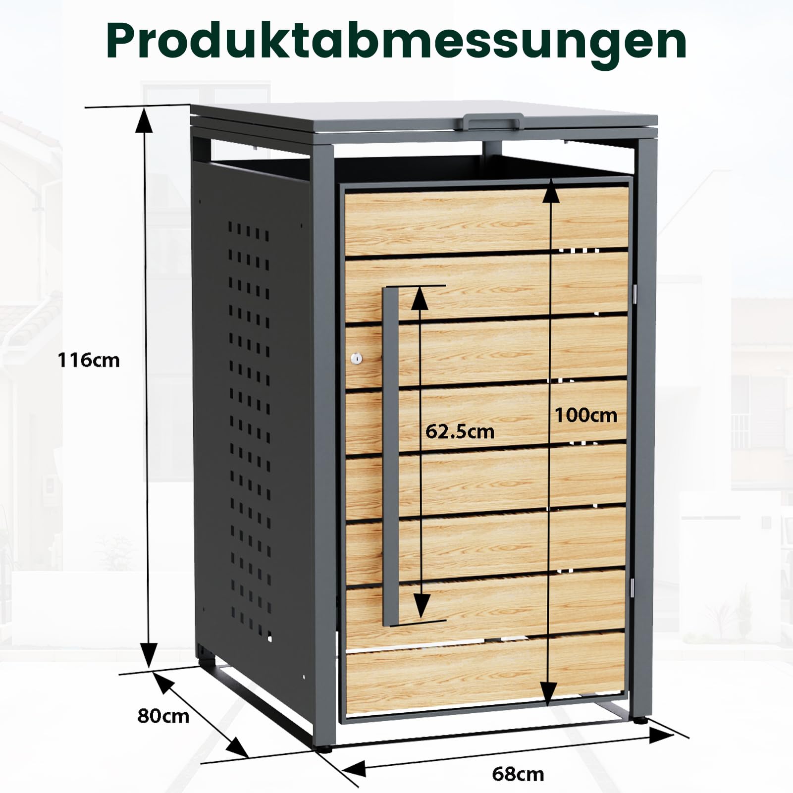CHOSHOME Mülltonnenbox 2er 240L - Anthrazitgrau Verzinkter Stahl & Holzoptik - 2 Tonnen mit Abschließbar - inkl. Erweiterungsmöglichkeit - Mülltonnenverkleidung, Aufbewahrungsbox für Mülltonnen 7