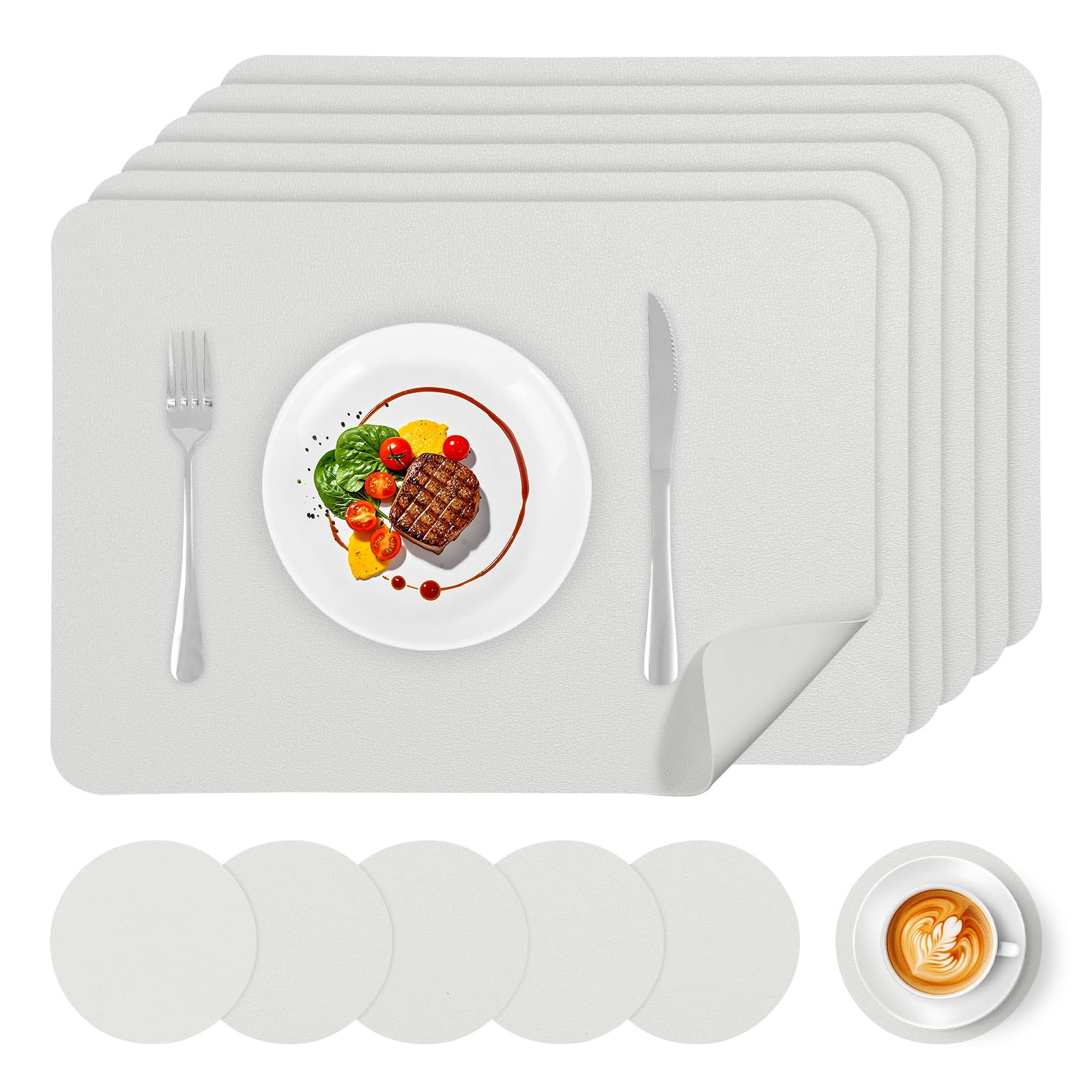 APLKER Faux Leather Placemats and Coasters Set of 6, Wipeable Waterproof Oil-Proof Heat Resistant Table Mats for Dining, Kitchen, Hotel, 16.9 x11.8 inches（Large Place Mats）- White