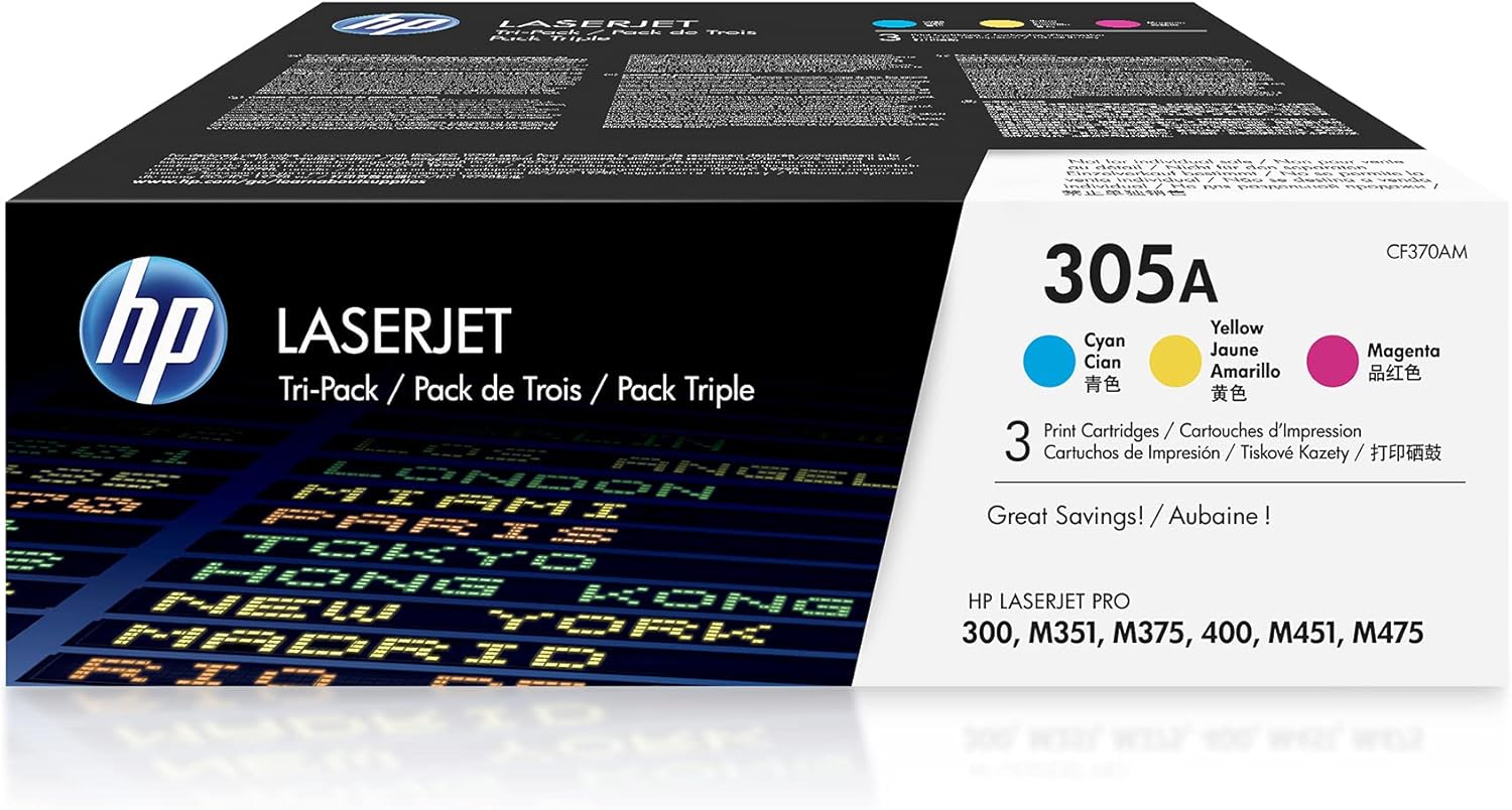 HP 305A | CE411A, CE412A, CE413A | 3 Toner Cartridges | Cyan, Yellow, Magenta | Works with HP LaserJet Pro Color M451 series, M475 series, M375nw