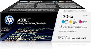 HP 305A | CE411A, CE412A, CE413A | 3 Toner Cartridges | Cyan, Yellow, Magenta | Works with HP LaserJet Pro Color M451 series, M475 series, M375nw