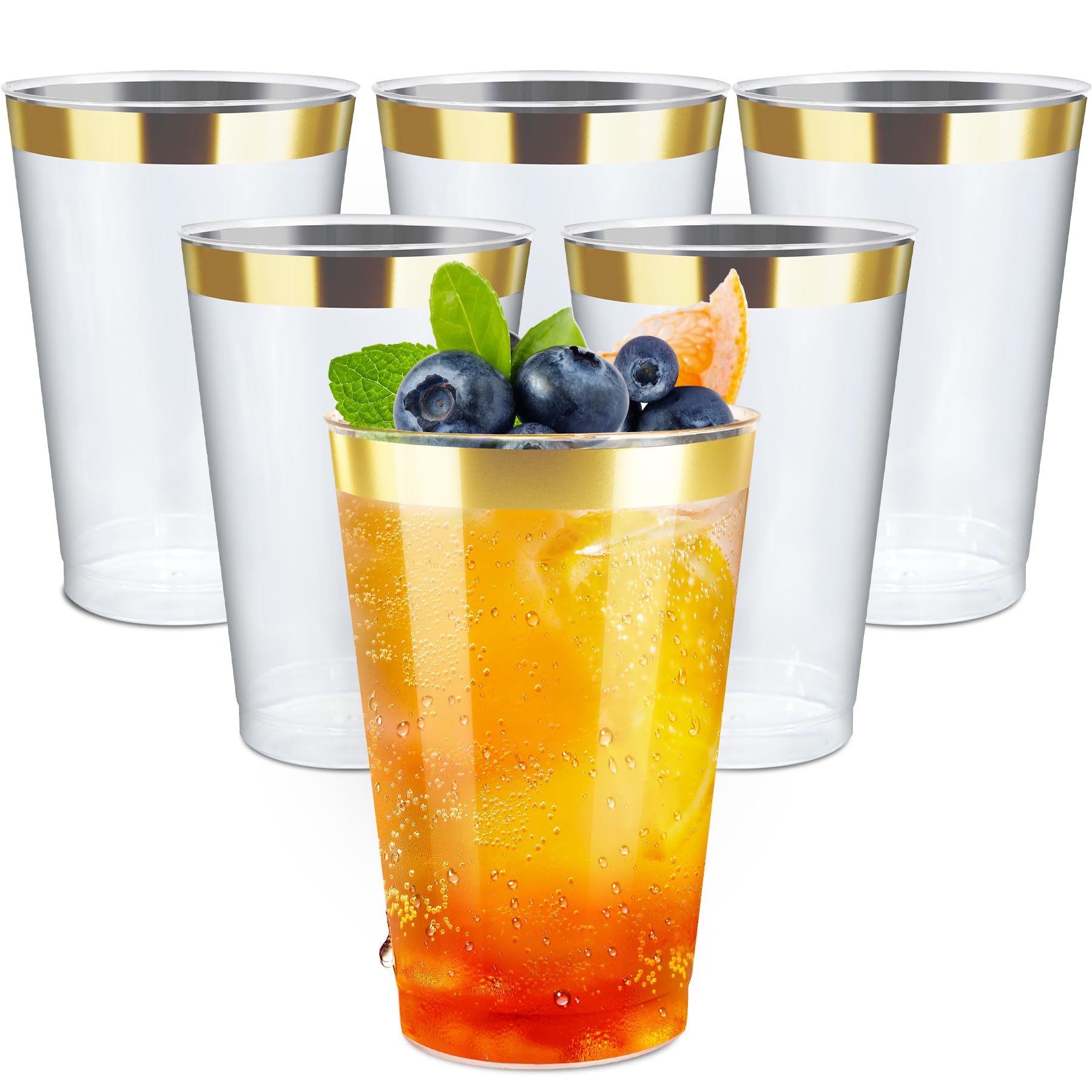 Photo 1 of 12OZ Plastic Cups with Gold Rimmed Sturdy & Food Safe Disposable Wine Glasses Weeding Party Cups Disposable Drinking Cups Plastic Cocktail Glasses for Wine, Juice & Cold Beverages [200 Pack]