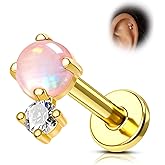Agrewd Pink Opal Titanium Cartilage Earrings Stud 16G Gold Plated Helix Tragus Earrings for Women Push In Flat Back Earrings 6/8MM