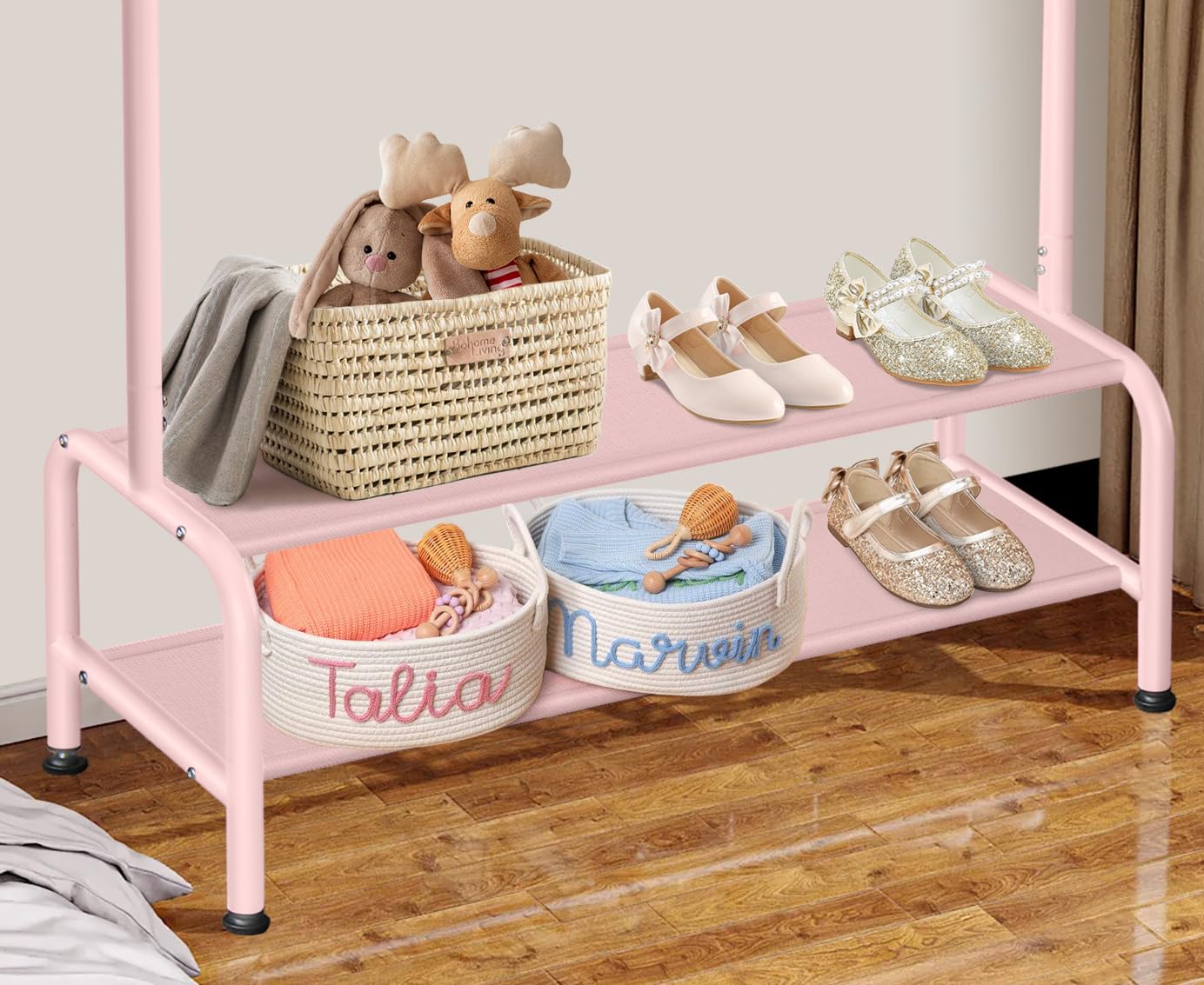 Kids Clothing Rack - Dress Up Storage - Dress Up Rack for Little Girls - Small Kids Costume Wardrobe with 2 Fabric Shelves - Princess Room Bedroom Decor