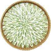 Round Rattan Tray with Mother of Pearl Inlay, Decorative Rattan Serving Tray for Home Boho Decor, Coffee Table, Bread, Food, Tea Ottoman Trays, Fruit Wicker Basket,100% Natural Materials Green- 12"