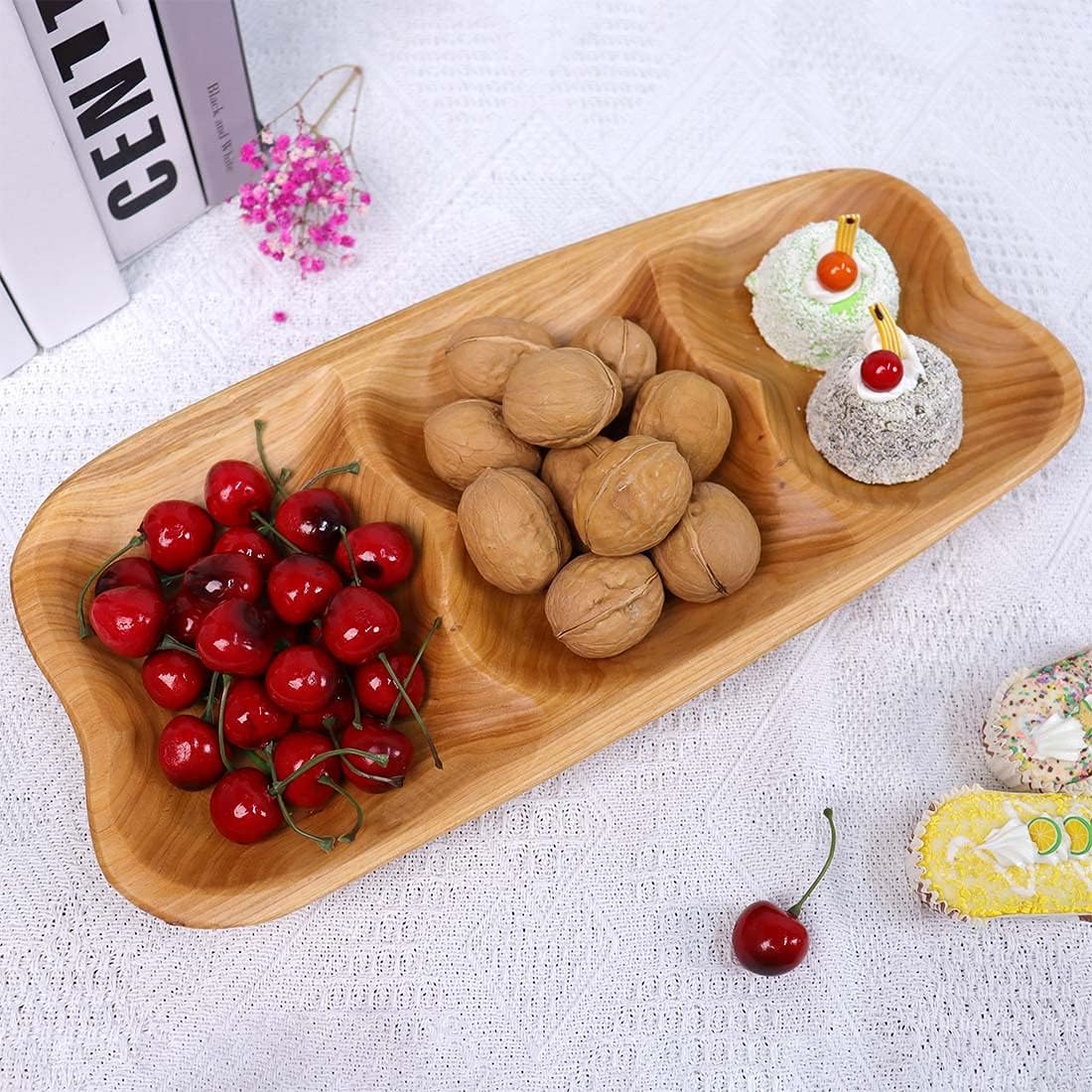  | Natural Root Wood Dish, Unique Handmade Wood Serving Tray, 3-Section Wooden Platter for Fruit Snack Bread Appetizer Display (15.1"x7"): Platters