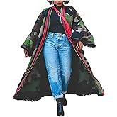 LETSVDO Women's Long Camo Cardigan Poncho Open Front Fringe Knit Sweaters Color Block Duster Kimonos Maxi Cape Coats
