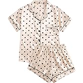 WDIRARA Women's Polka Dots Satin 2 Piece Pajama Set Short Sleeve Button Down Shorts Pjs Sleepwear