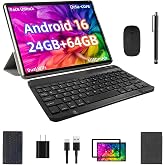 TUOHAITIME Android16 Tablet, 10inch Tablet Bundle with Keyboard Case, Black | 24GB+64GB+1TB Expand, Stylus Pen, Octa-core CPU, Gemini, WiFi6, 6000mAh Battery+18W Fast Charge, Support Face Unlock,
