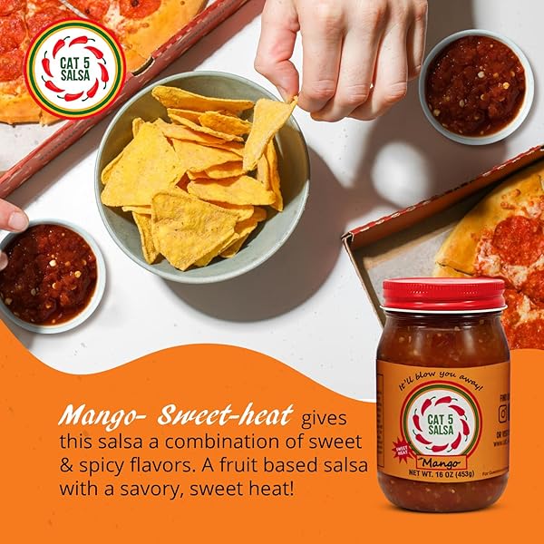 CAT 5 SALSA – MANGO CHILI SAUCE – GOURMET RECIPE WITH FRESH INGREDIENTS, ADDICTIVELY DELICIOUS SALSA FOR PARTIES, DIPS & SNACKS – 16 OZ, 1 JAR