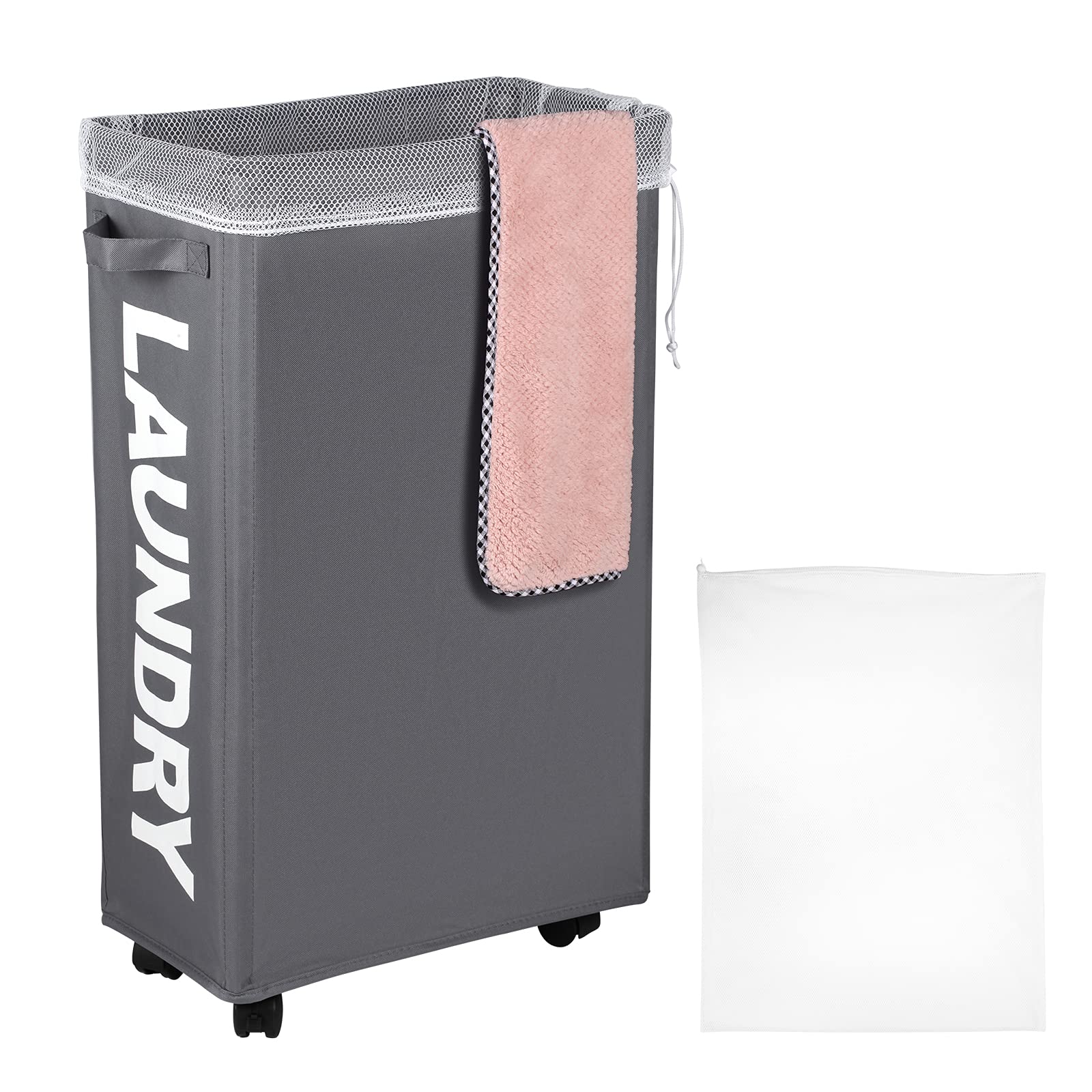 IHOMAGIC Laundry Hamper on Wheels 62L - Collapsible Tall Slim Laundry Baskets Handles, Laundry Bin with Removable Mesh Laundry Bags - Slim Washing Bin for College, Camping, Hotel (Dark Gray)