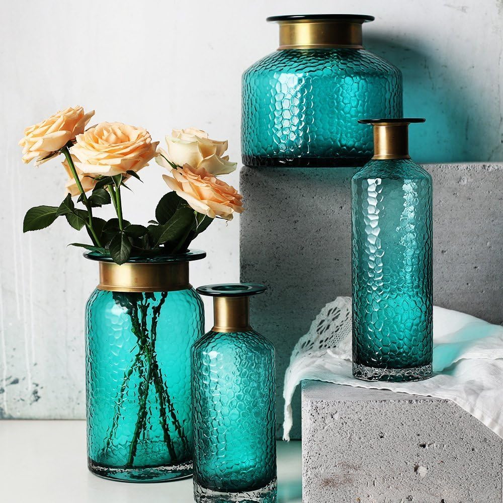 BANFANG Vases Hand Blown Art Glass Vase - Unique Ripple Design Centerpiece Vases for Table, Décor Gift Box, Blue