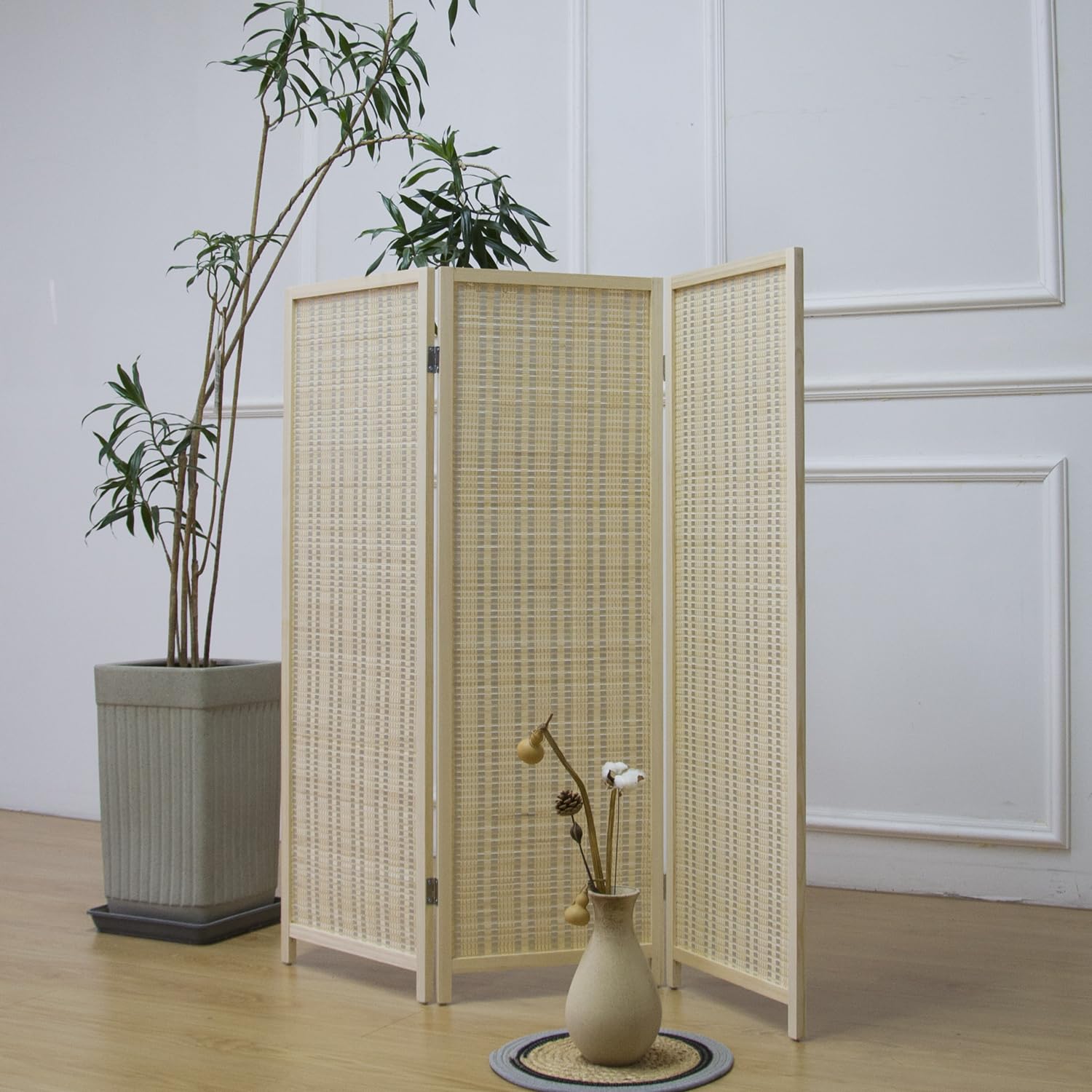 Photo 1 of Furnnylane 3 Panel Room Divider Short Folding Screen Divider,Double Sided Bamboo Divider Screen for Room Separation,Beige,47.2" H x 46.1" W