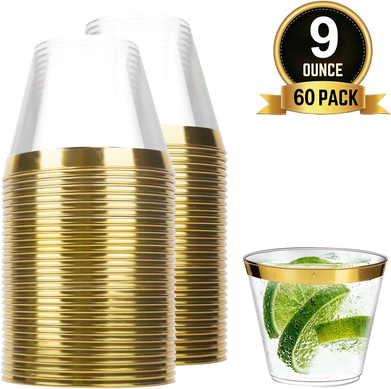 TOROTON 60 Pieces Clear Cups, 9 oz Recyclable Cups with Gold Rimmed, for Wedding Party Birthday Dinner Occasions