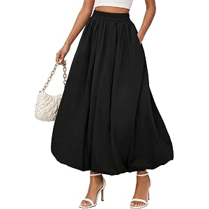 tobyto Women's Bubble Maxi Skirt with Pockets Puffy Hem Ruffle Pleated Elastic Waist Long Skirt Casual Boho Flowy