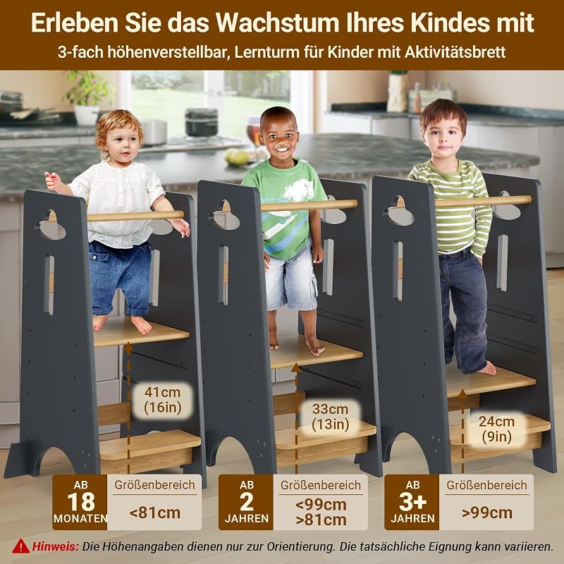 Lernturm ab 1 Jahr - Höhenverstellbarer Learning Tower für Kinder (3-stufig) - Montessori mit Kippschutz & Massivholz (Dunkelgrau und Holz)