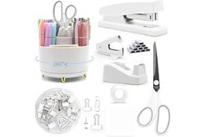 UPIHO White Desk Accessories, Rotating Pen Holder Set,White Office Supplies with Stapler and Tape Dispenser Set, Gifts for Office Clerks,Student