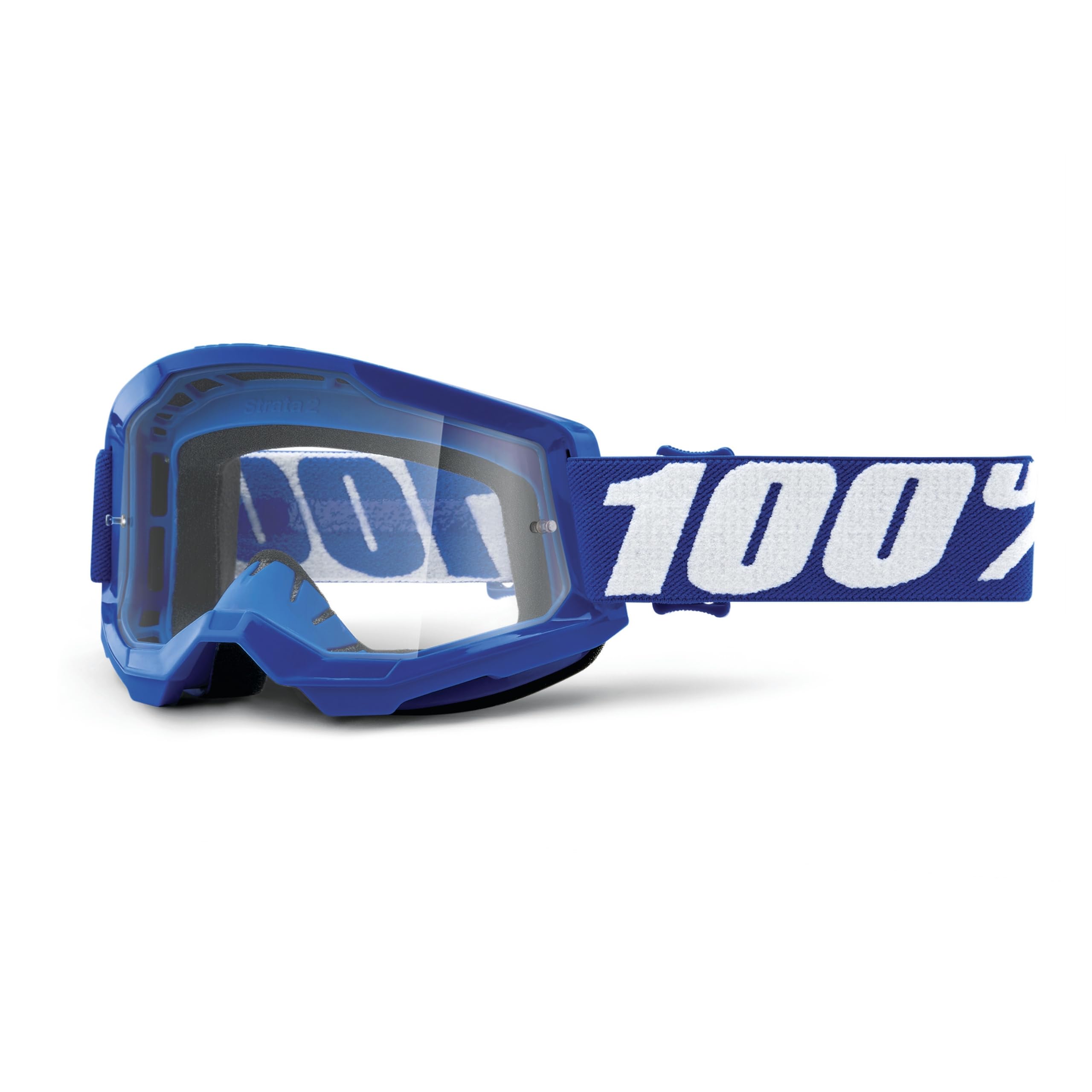 100% Strata 2 Goggles | Mirrored & Clear Lens Options | MTB/MX Goggles – Anti-Fog, Sweat-Absorbing Foam, Silicone Strap | Adult Off-Road Riding Eyewear Protection (Blue, Clear Lens)