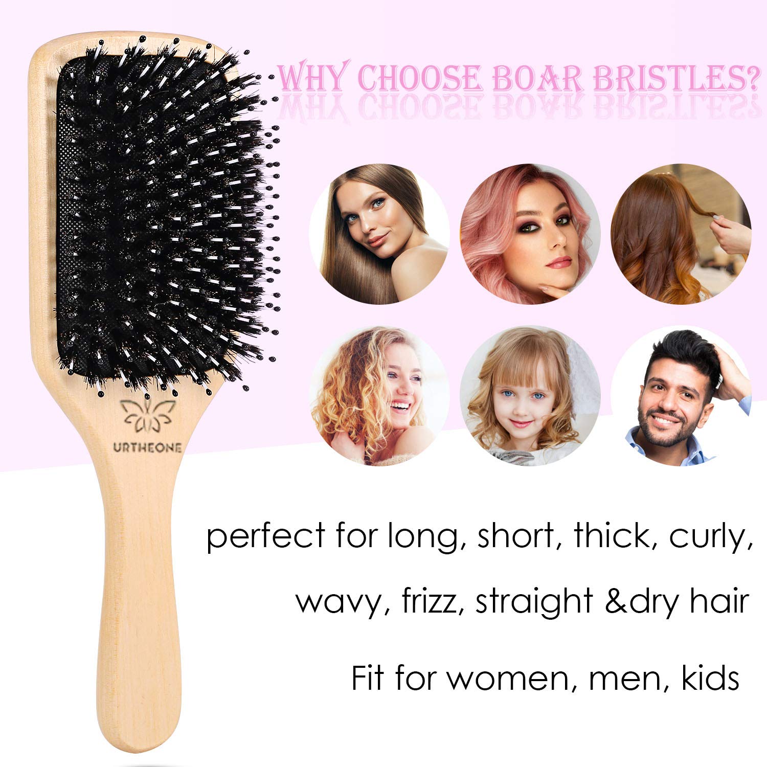 Hair Brush Boar Bristle Hairbrush for Thick Curly Thin Long Short Wet or Dry Hair Adds Shine and Makes Hair Smooth, Best Paddle Hair Brush for Men Women Kids : Beauty