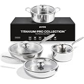 Plateful Titanium Pans for Cooking, 8 Piece Uncoated Titanium Cookware Set | Pure uncoated titanium frying pan, surface sears to 750F, PFOA/PFAS/PTFE Free Fajita, works on induction and all cooktops.