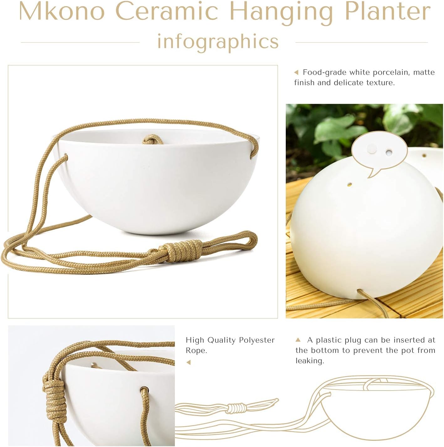 Mkono 9 Inch Ceramic Hanging Planter Indoor Outdoor Modern Round Flower Plant Pot White Porcelain Hanging Basket with Polyester Rope Hanger for Herbs Ferns Ivy Crawling Plants, Set of 2: Garden & Outdoor