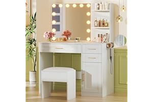 HUAHUU Vanity Desk with Lights, 37inch Makeup Vanity Desk with Mirror & Power Outlet, 3 Colors Lighting Adjustable Brightness, Makeup Vanity Set with Cushioned Chair and Cabinet, 3 Drawers, White