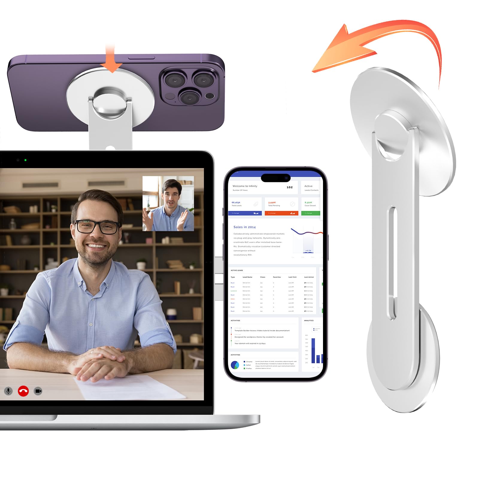 imluckies [Upgrated] Magnetic Laptop Phone Holder, 180° Adjustable Continuity Camera Mount Clip Compatible with Magsafe for iPhone 16 15 14 13 12 Series, for iOS 16 & MacBook macOS 13 Ventura, Silver