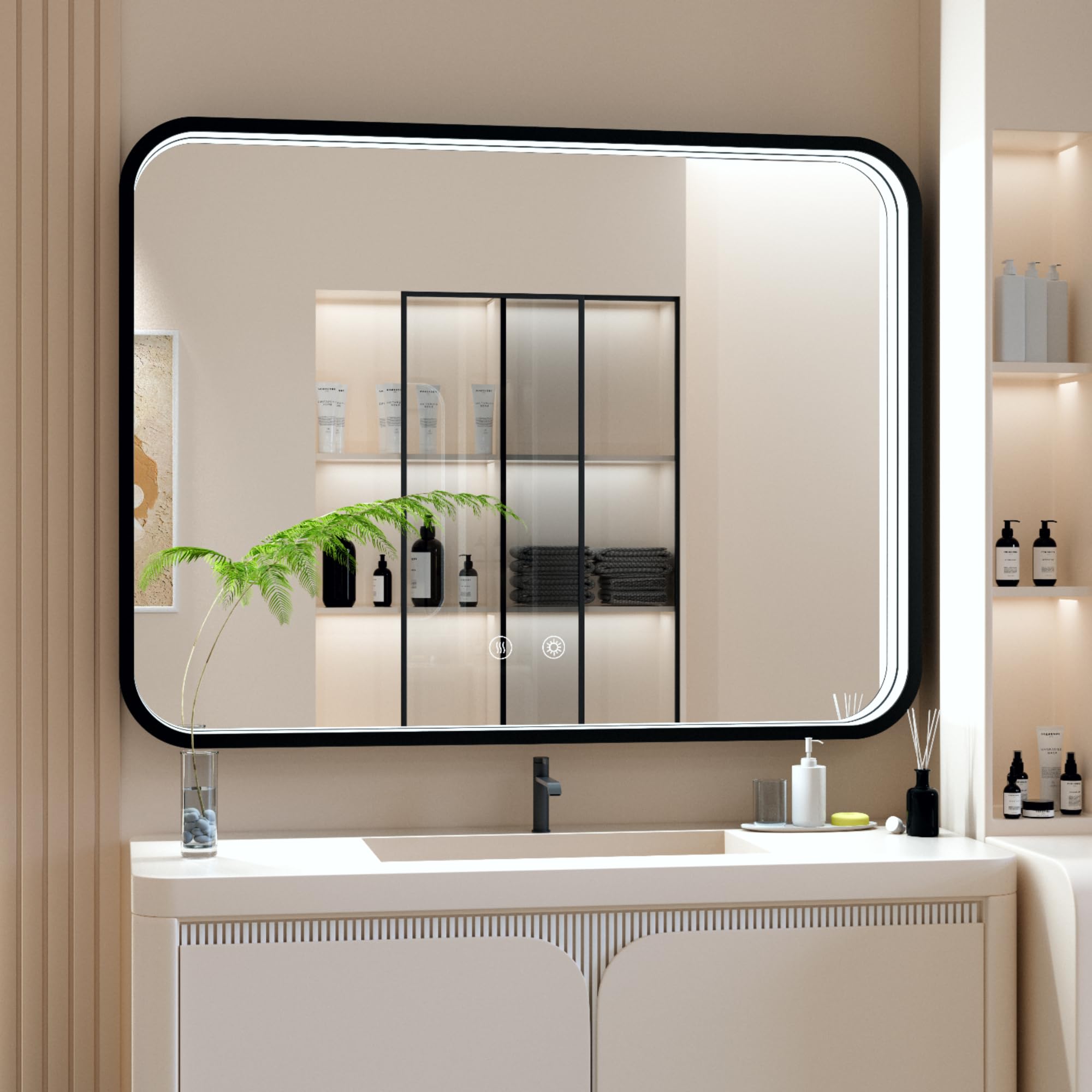 Photo 1 of JSneijder 48x36 Inch Black LED Bathroom Mirror with Lights, 3000K/4500K/6000K, Wall Mounted Lighted Vanity Mirrors for Bathroom, Stepless Dimmable, Memory Funtion, Anti-Fog, Horizontal/Vertical