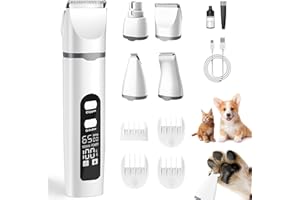 Aenncci 4 in 1 Dog Clippers Grooming Kit with LED Screen, Cordless Quiet Paw Trimmer & Nail Grinder, Rechargeable Waterproof Feet Ear Body Hair Shaver for Cats Dogs Pet Supplies, Pure White