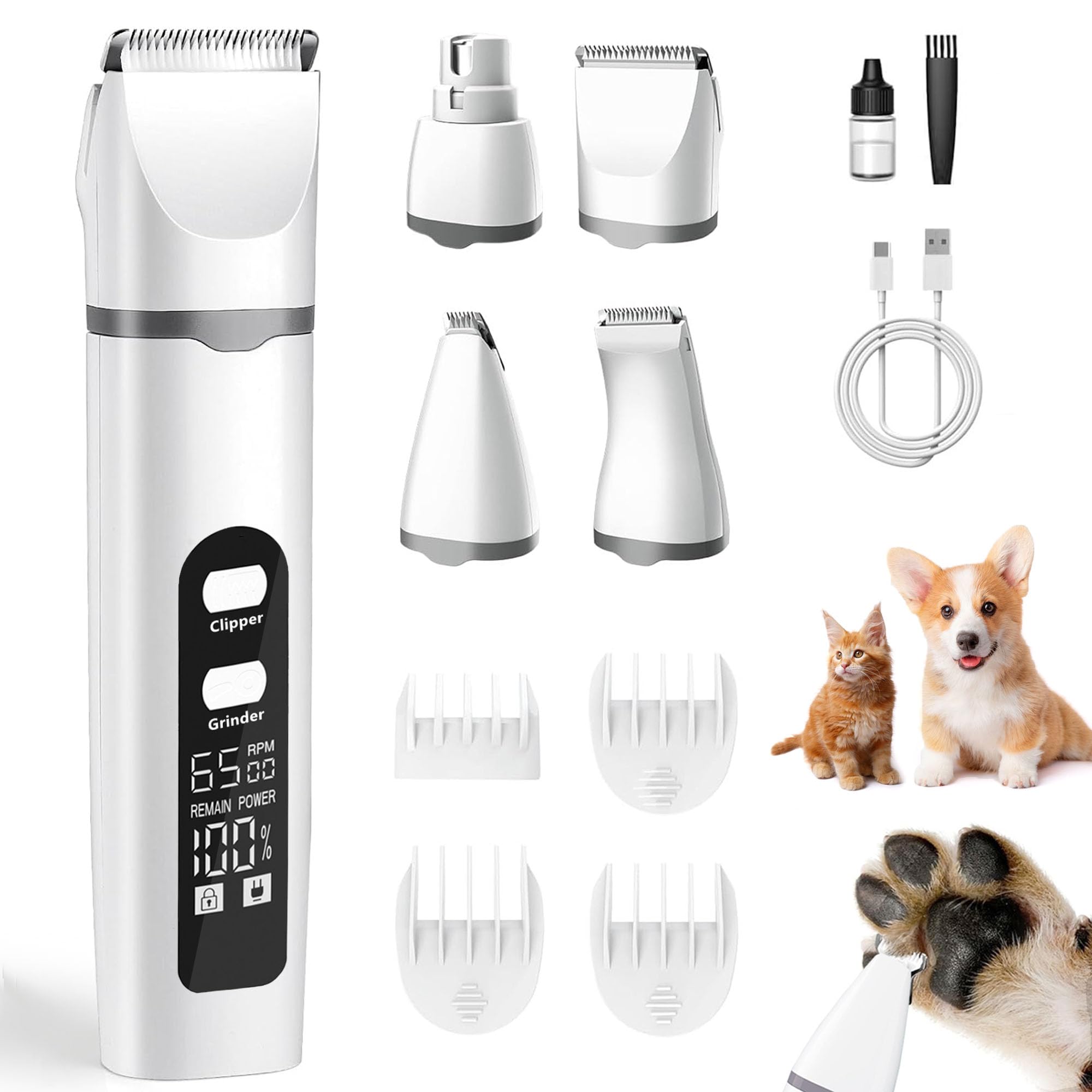 Photo 1 of Aenncci 4 in 1 Dog Clippers Grooming Kit with LED Screen, Cordless Quiet Paw Trimmer & Nail Grinder, Rechargeable Waterproof Feet Ear Body Hair Shaver for Cats Dogs Pet Supplies