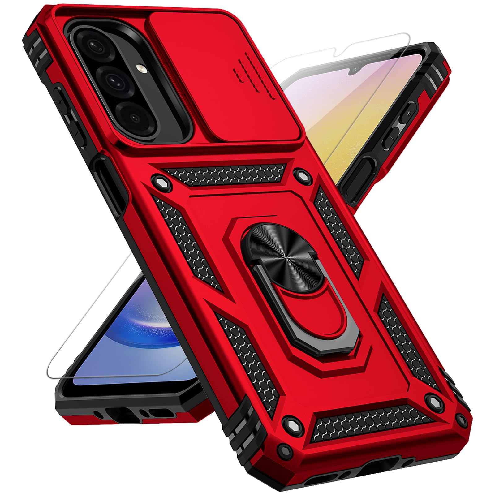 for Samsung Galaxy A17 / Galaxy A26 5G Case, with Slide Camera Cover HD Screen Protector [Military Grade Drop Tested] Ring Holder Kickstand Protective Phone Case for Samsung Galaxy A17, Red