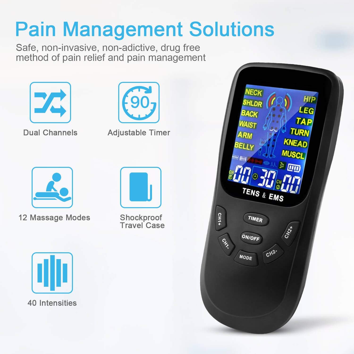TENS Unit Muscle Stimulator for Pain Relief Therapy, Dual Channels Electronic Pulse Massager EMS Deivce with Travel Hard Case (Black): Health & Personal Care