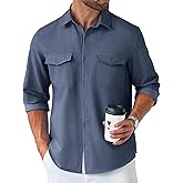 COOFANDY Men Untucked Chambray Shirt Regular Fit Button Up Long Sleeve Dress Shirt Navy Blue