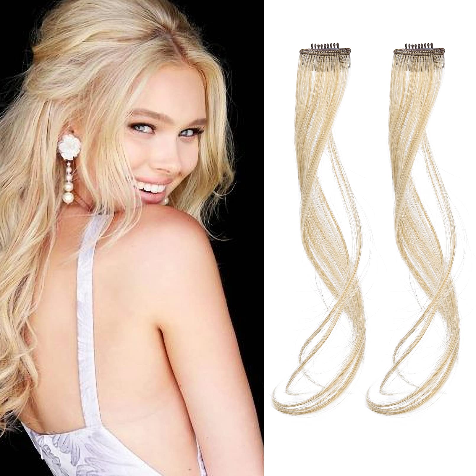 Photo 1 of REECHO Long Side Air Bangs - Wavy Curly Clip in Front Side Bangs for Women Daily Use - 2 PCS Set Long Temples - Medium Blonde With Pale Highlights