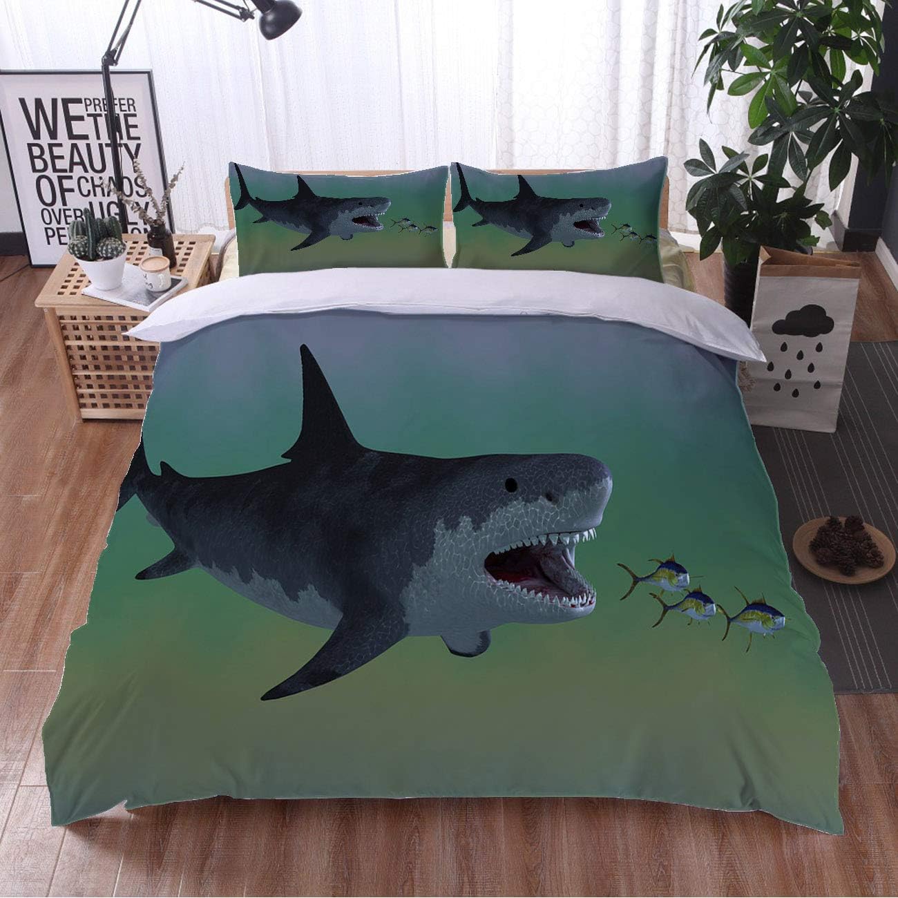 Amazon Com Mingz Shark Bedding Comforters Comfortable And Soft Megalodon Shark Attack 3 Piece Bedding Set With 2 Pillow Shams Luxury Queen Home Kitchen