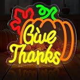 Pumpkin Give Thanks Neon Sign Neon Light Thanksgiving Decorations Give Thanks Neon Sign Window Lights Fall Decor LED USB Pumpkin Lights for Bar Table Living Room Wall Kitchen Mantel