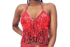 Reetan Sequin Tassel Crop Top Sparkly Belly Dance Bra Festival Rave Halter Top for Women