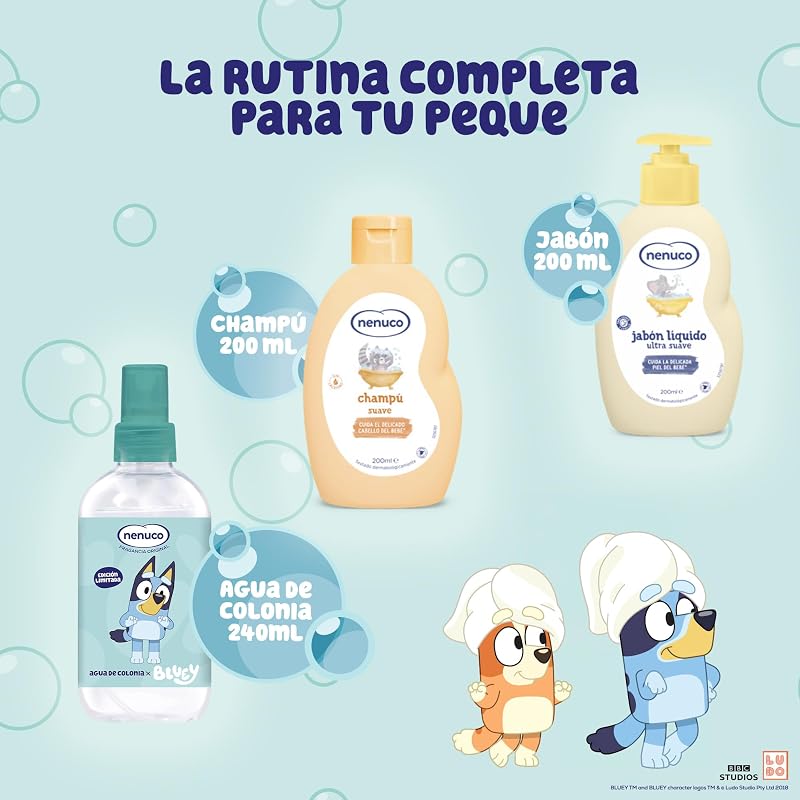 Pack Infantil Mochila Bluey – Edición Limitada, con Champú Suave 200 ml, Jabón Líquido 200 ml y Colonia Nenuco 240 ml