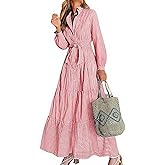 utcoco Womens Casual Long Sleeve Button Down Tie Waist Ruffled Striped Maxi Shirt Dress