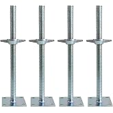 4 Pack Adjustable Leveling Jack Solid Screw Feet Leg for Baker Scaffolding | Jack Silver with Base Plate, 18" Thread, 1.2" OD Solid Rod, for Baker-Style Scaffold Equipment, for Uneven Surface