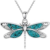 BETHZA Nature Gemstone Dragonfly Necklaces 925 Sterling Silver Boho Native Vintage Dragonfly Pendant Necklace for Women Western Jewelry for Birthday