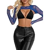 Lilosy Sexy Fishnet Mesh Sheer Crop Top Long Sleeve Shirt Rave Outfits Cover Up One Piece