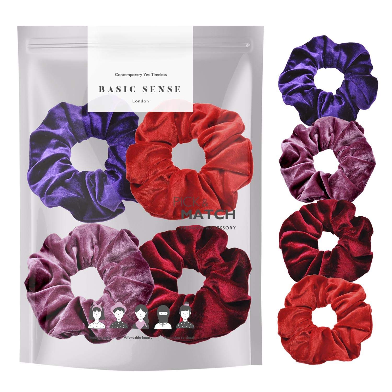 4 PCS SET Premium Large Hair Velvet Scrunchies Ties Bands Updo Ponytail Bobble Scrunchy Holder For Women Girl Kids, Purple Tone Combo Pack