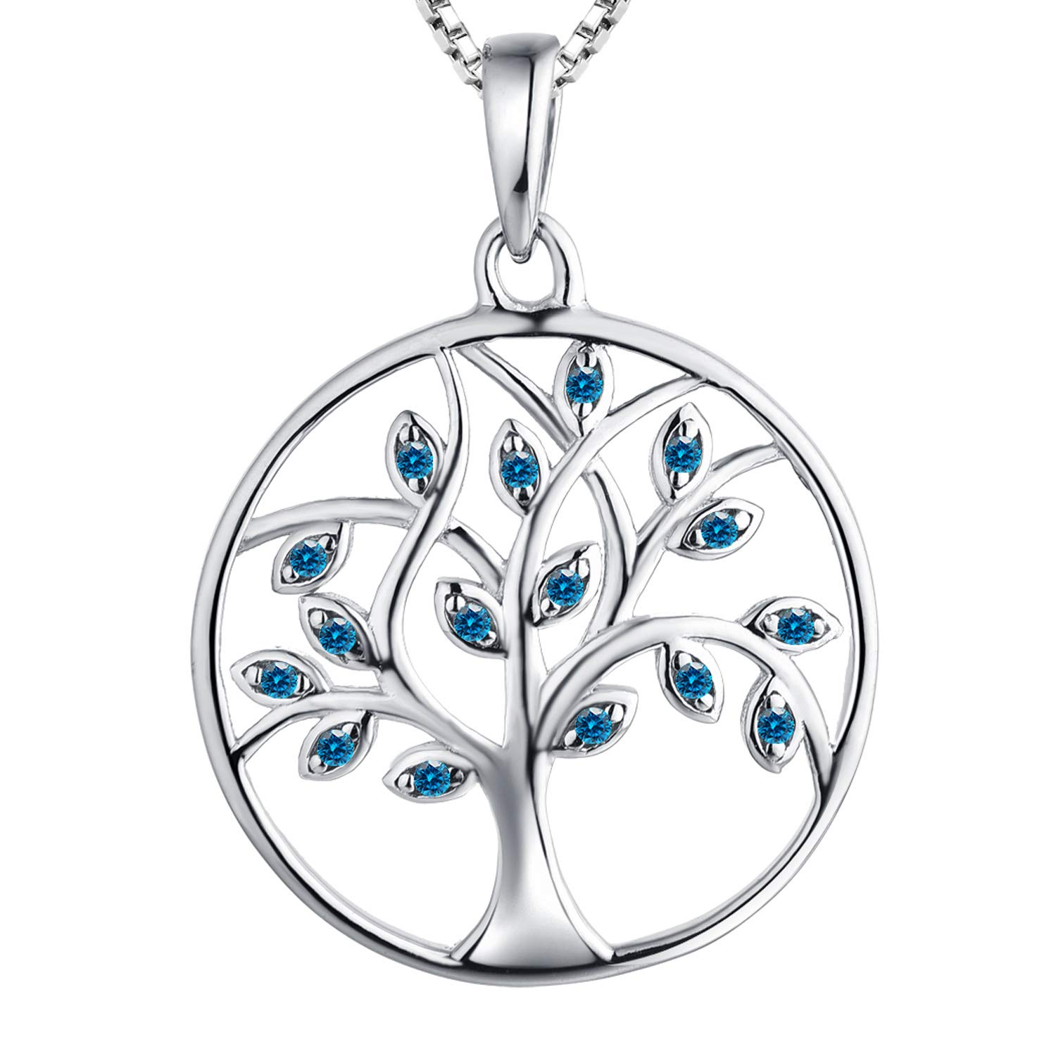 YL Tree of Life Necklace 925 Sterling Silver cut March Birstone Aquamarine Blue Cubic Zirconia Family Tree Pendant Necklace for Women