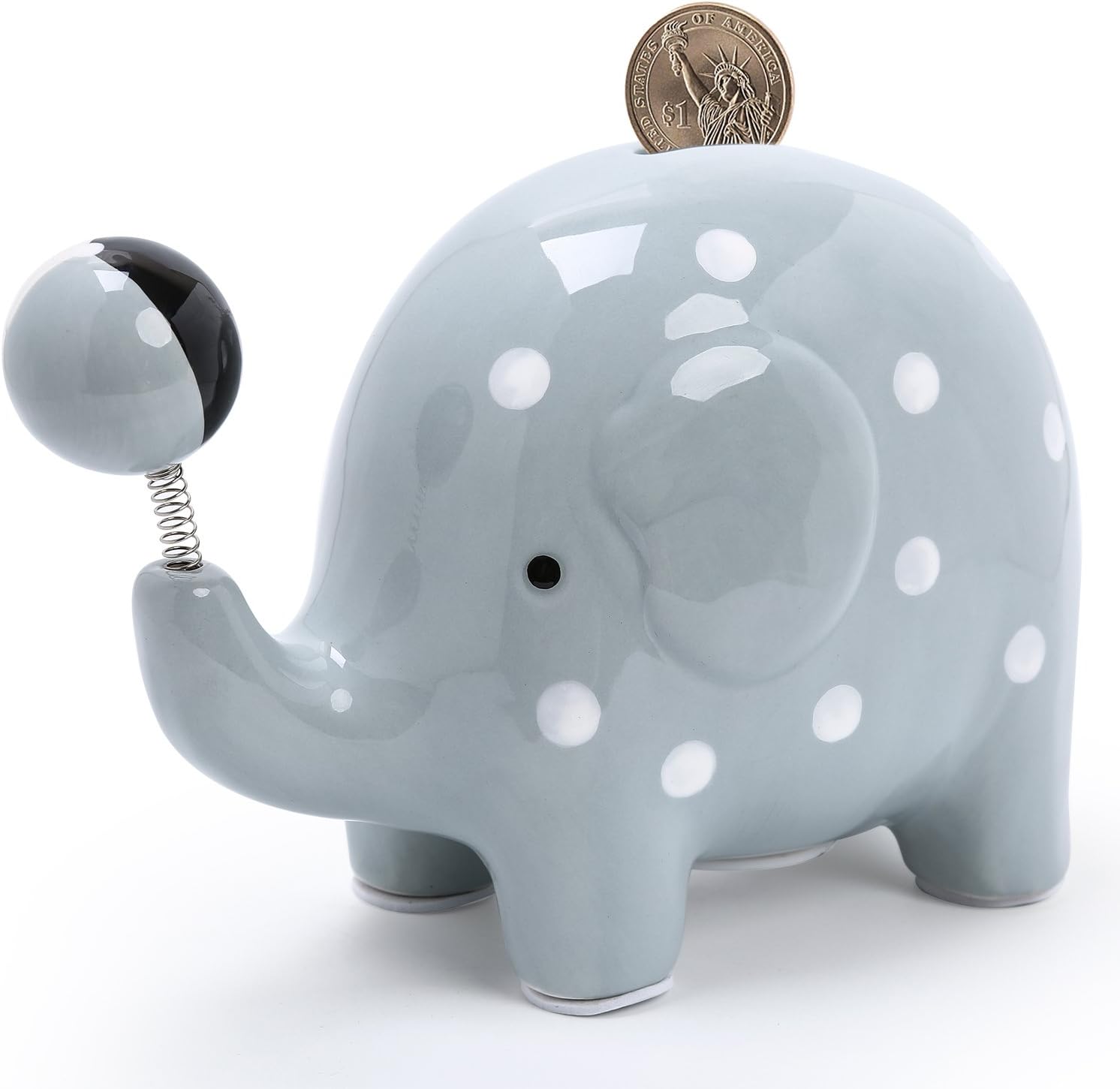 PEHOST with Interesting Spring Ball Small Elephant Ceramic Piggy Bank Money Box Coin Bank–Light Grey