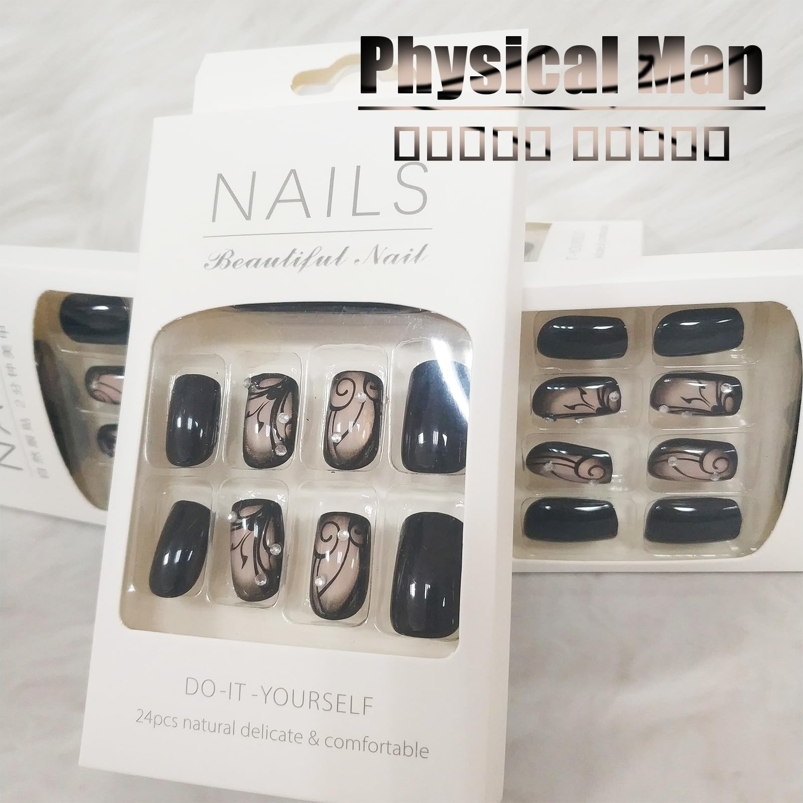 Curve Line Press on Nails Glossy Black Ins Medium Square False Nails Dark Vine Gel Glue on Nails, Rhinestones Acrylic Fake Nails Crystal Stick on Nails for Manicure Art Coquette Women Girls 24Pcs - Image 9
