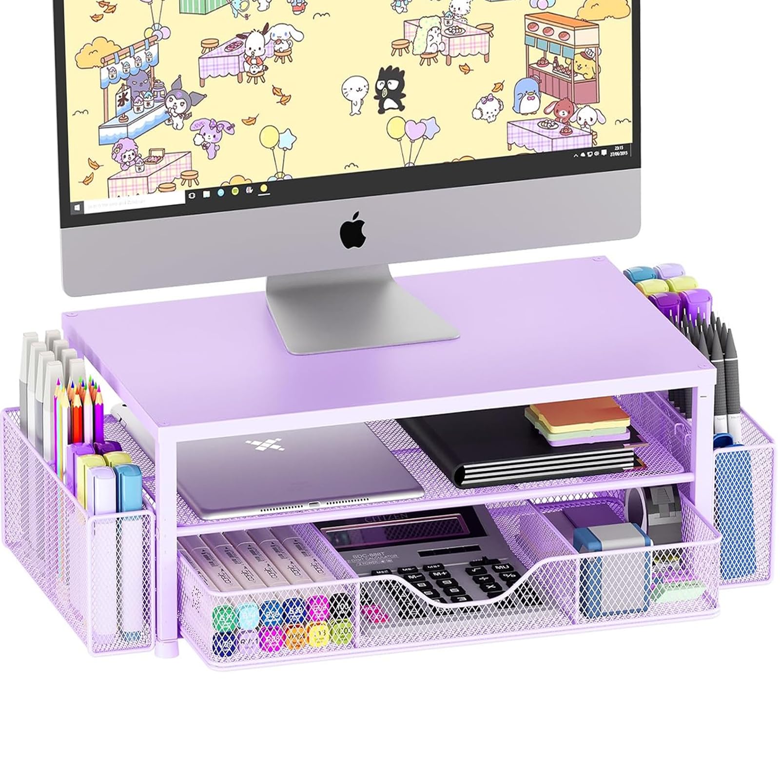 Photo 1 of OPNICE Desk Organizers and Accessories, 2-Tier Computer Monitor Stand Riser with Drawer and 2 Pen Holders, Laptop Stand, Office Desk Accessories for Office Supplies, Purple