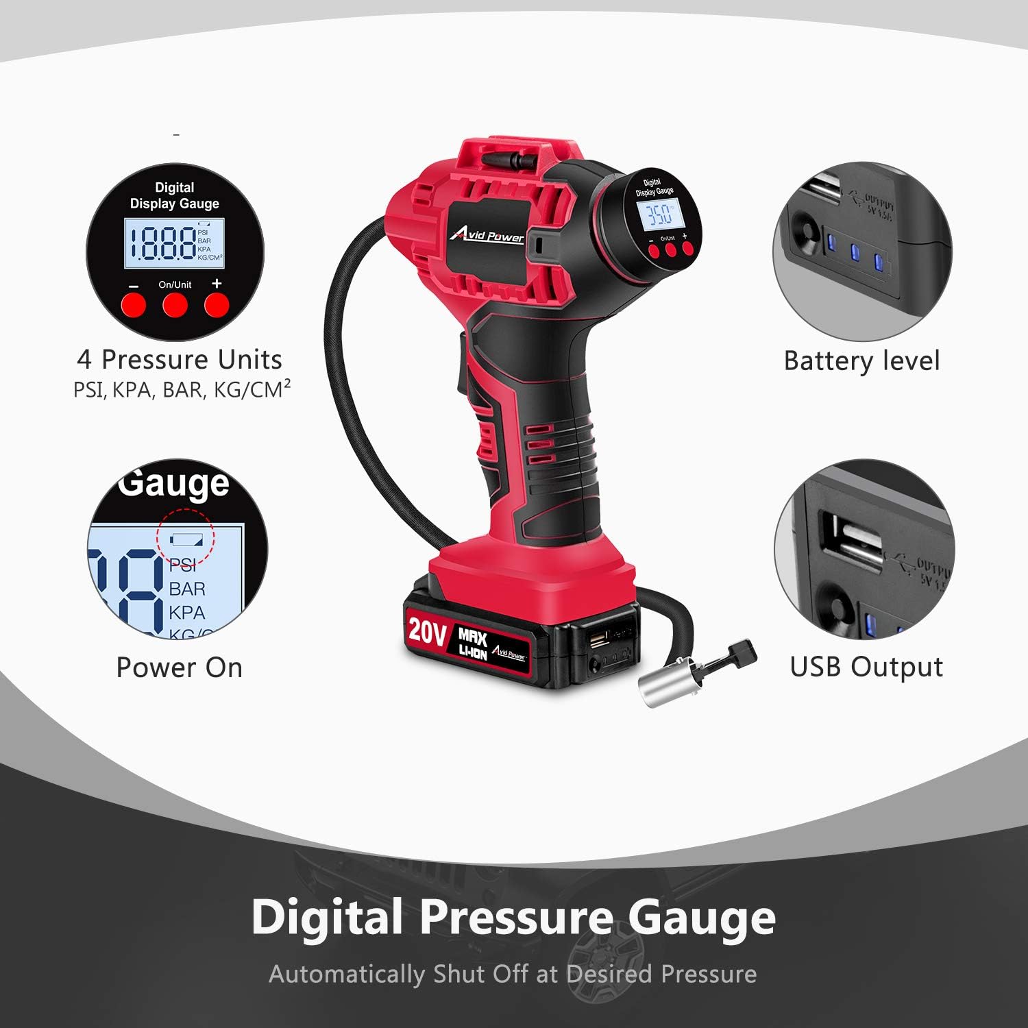 Avid Power Tire Inflator Air Compressor, 20V Cordless Car Tire Pump with Rechargeable Li-ion Battery, 12V Car Power Adapter, Digital Pressure Gauge: Automotive