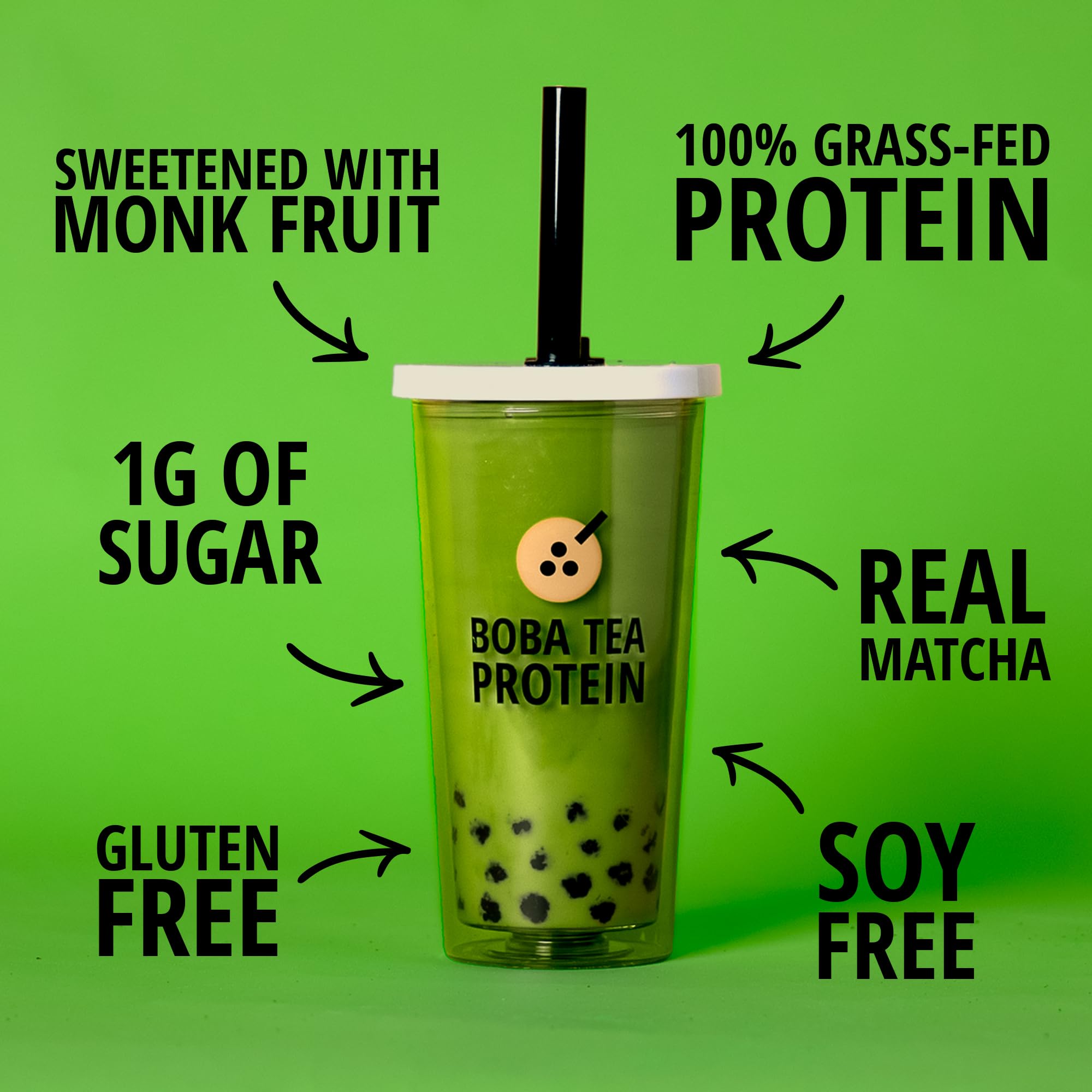 Boba Tea Protein Matcha Latte | 25g Grass-Fed Whey Protein Isolate Powder | Gluten-Free & Soy-Free Bubble Tea Protein Drink | Real Ingredients & Lactose-Free Protein Drink | 25 Servings