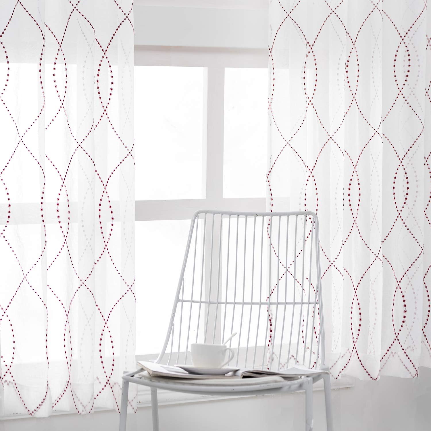 VISIONTEX Moroccan White Voile Sheer Window Curtains Panels, Wine Red Dots Patterned Semi Embroidery Faux Linen Rod Pocket Window Treatment Drapes for Living Room 54 x 95 Inch, Set of 2