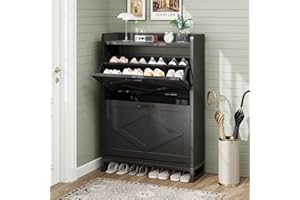 GRUSIGN Shoe Cabinet, Shoe Storage Cabinet with 2 Flip Drawers & Adjustable Shelf, Space-Saving Shoe Organizer – Holds 12+ Pairs, Narrow Shoe Cabinet Storage for Entryway/Hallway（Black）